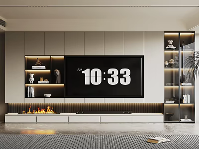 Modern Living Room Interior With Large TV Screen Fireplace Illuminated Shelves And Area Rug 3d model