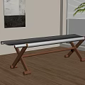 Stylish Black Leather Bench With Wooden Cross Legs In Indoor Room With Window And Plant