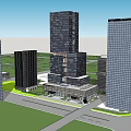 Modern High Rise Office Building With Glass Curtain Wall And Urban Green Landscaping Design