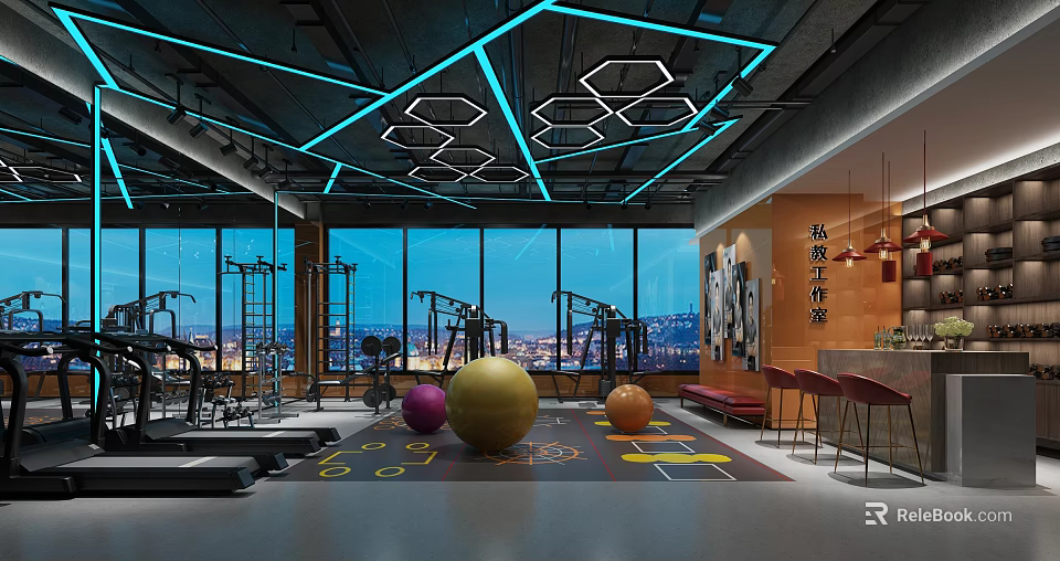 Modern Fitness Gym With Hexagonal Ceiling Lights Large Windows Night View And Colorful Exercise Balls 3d model 
