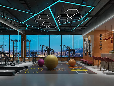Modern Fitness Gym With Hexagonal Ceiling Lights Large Windows Night View And Colorful Exercise Balls 3d model