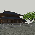 Traditional Ancient Building Courtyard Featuring Stone Path Green Trees And Classic Roofs