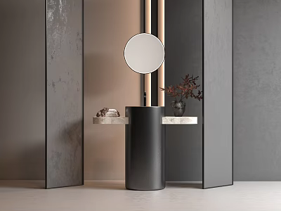 Sleek Black Cylindrical Washstand With Round Mirror Marble Countertop Decorative Plant And Gray Textured Walls 3d model