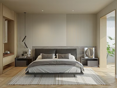 Modern Bedroom Interior Design With Bed Nightstands Area Rug Striped Wall And Pendant Light 3d model