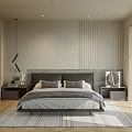 Modern Bedroom Interior Design With Bed Nightstands Area Rug Striped Wall And Pendant Light