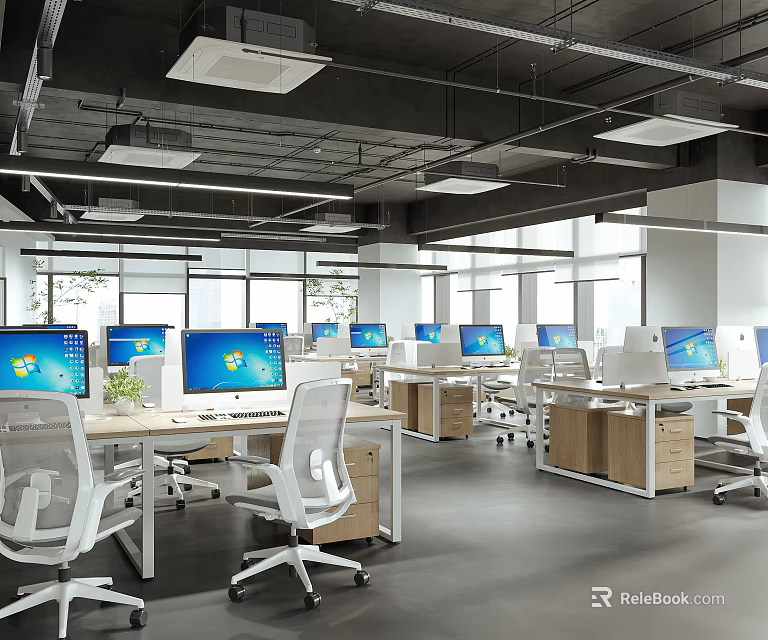 Modern Office Interior With White Office Chairs Wooden Desks Computers and Large Windows 3d model 