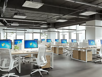 Modern Office Interior With White Office Chairs Wooden Desks Computers and Large Windows 3d model