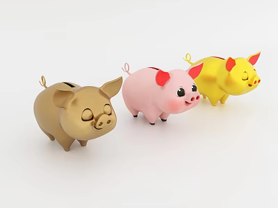 Cute Cartoon Style Piggy Banks In Golden Pink And Yellow Colors For Saving Money 3d model