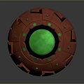 Spherical Red Weapon With Green Glowing Sections And Metallic Texture Featuring Rivets And Tactical Features