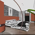 Hotel Guest Room Featuring Orange Walls Blue Curtains And City Night View Through Windows