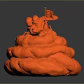 Red 3D Printed Cartoon Fly Model Sitting On Poop Holding Small Flag