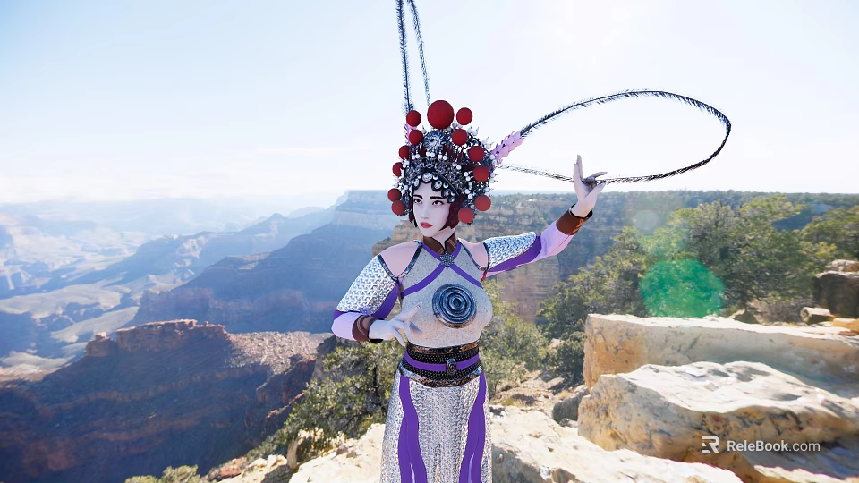 Woman In Traditional Costume With Red Decorated Headdress Holding Circular Ring At Grand Canyon 3d model 