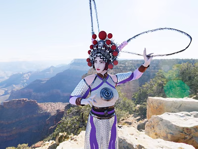 Woman In Traditional Costume With Red Decorated Headdress Holding Circular Ring At Grand Canyon 3d model