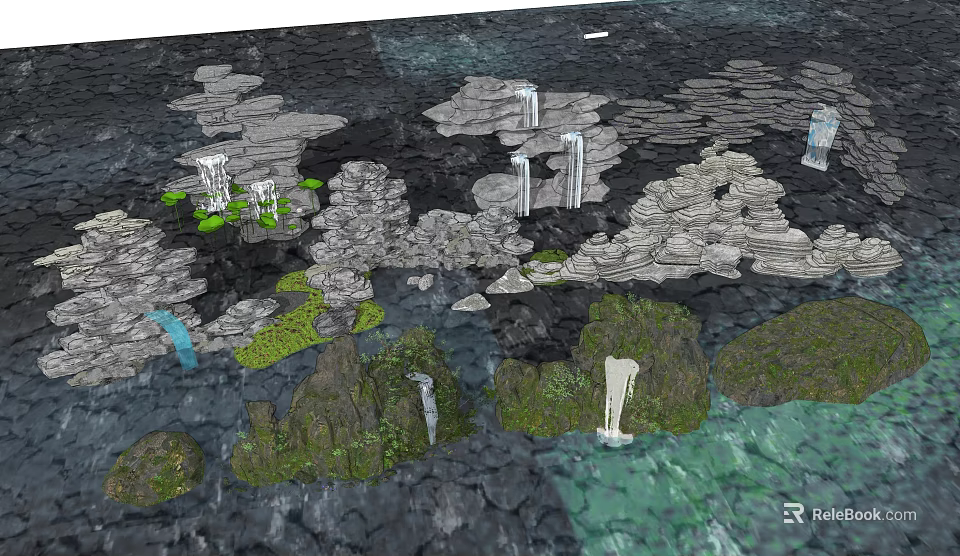 Courtyard Garden With Natural Rock Formations Waterfalls Lush Green Plants And Serene Water Area 3d model 