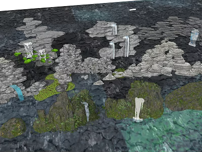 Courtyard Garden With Natural Rock Formations Waterfalls Lush Green Plants And Serene Water Area 3d model