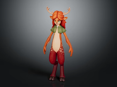 Anthropomorphic Deer Character With Antlers Red Hair Green Top And Spotted Legs Standing 3d model