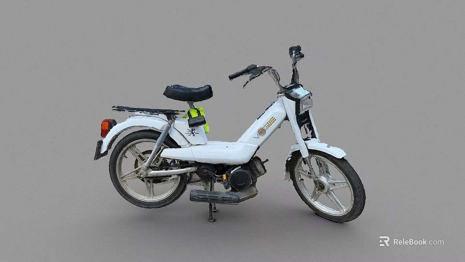 White Moped Motorcycle With Black Seat Yellow Reflector And Black Wheels Design 3d model 