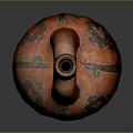 Red Pottery Sculpture With Intricate Carved Black Patterns And Traditional Handle Design