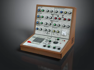 Vintage Electronic Control Panel With Wooden Case Multiple Knobs Buttons Indicator Lights 3d model