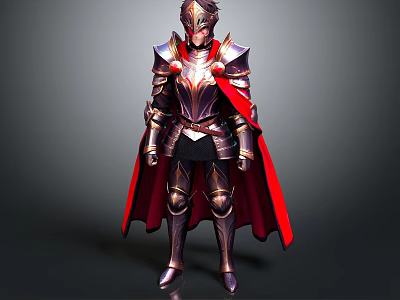 Man in Shiny Medieval Metal Armor With Red Cape And Ornate Helmet 3d model