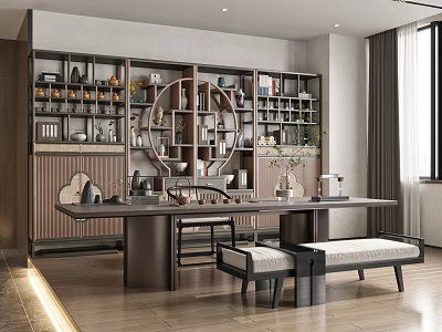 Traditional Chinese Tea Room Interior With Circular Decor Shelves Long Wooden Table And Tea Sets 3d model