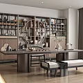 Traditional Chinese Tea Room Interior With Circular Decor Shelves Long Wooden Table And Tea Sets