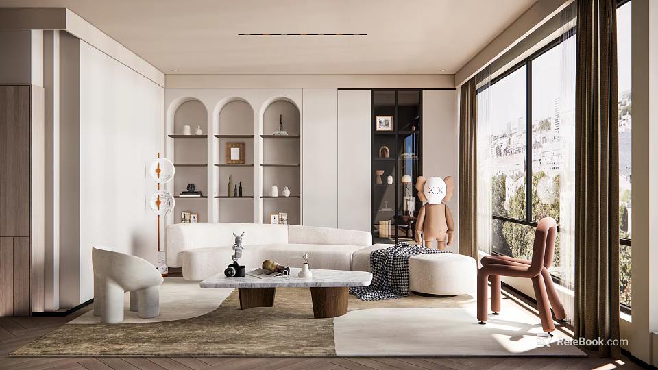 Modern Living Room Interior With Arched Shelves White Sofa Brown Chair And Window View 3d model 