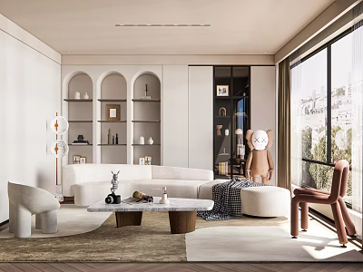 Modern Living Room Interior With Arched Shelves White Sofa Brown Chair And Window View 3d model