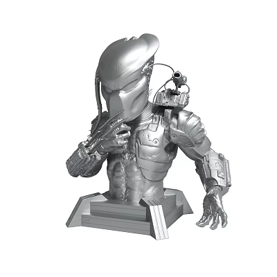 Detailed Silver Alien Warrior Bust Sculpture With Mechanical Armor And Helmet On Base 3d model