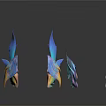 Colorful Iridescent Feather Shaped Decorative Sculptures On Dark Background With Reflections