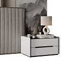 Chinese Style Bedroom Accent Wall With Pine Tree Landscape Vertical Slats And Gray Headboard