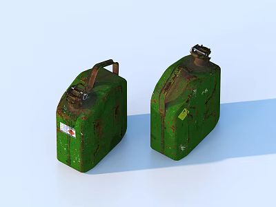 Two Green Rusty Oil Cans With Metal Handles And Secure Lids 3d model