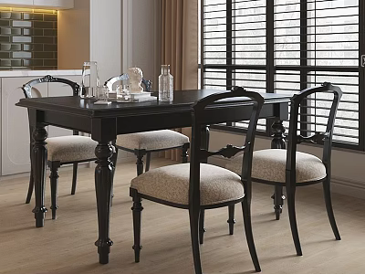 Classic Black Dining Table Set With Beige Upholstered Chairs And Window Blinds 3d model