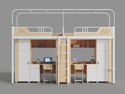 Modern Bunk Bed With Wooden Desk Storage Cabinets Ladder And Study Area 3d model