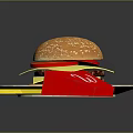 Delicious Cheeseburger With Sesame Bun On White Plate And Red Box Of Fries