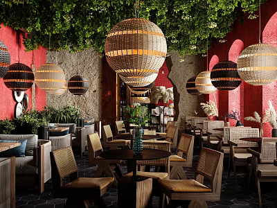 Restaurant Interior Design With Red Walls Green Plants Round Woven Pendant Lights And Wooden Furniture 3d model