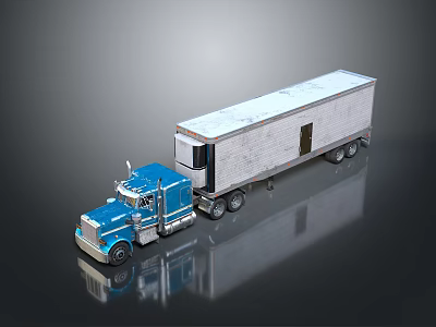 Blue Semi Truck With White Cargo Trailer And Reflective Surface 3d model