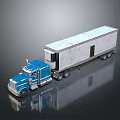 Blue Semi Truck With White Cargo Trailer And Reflective Surface