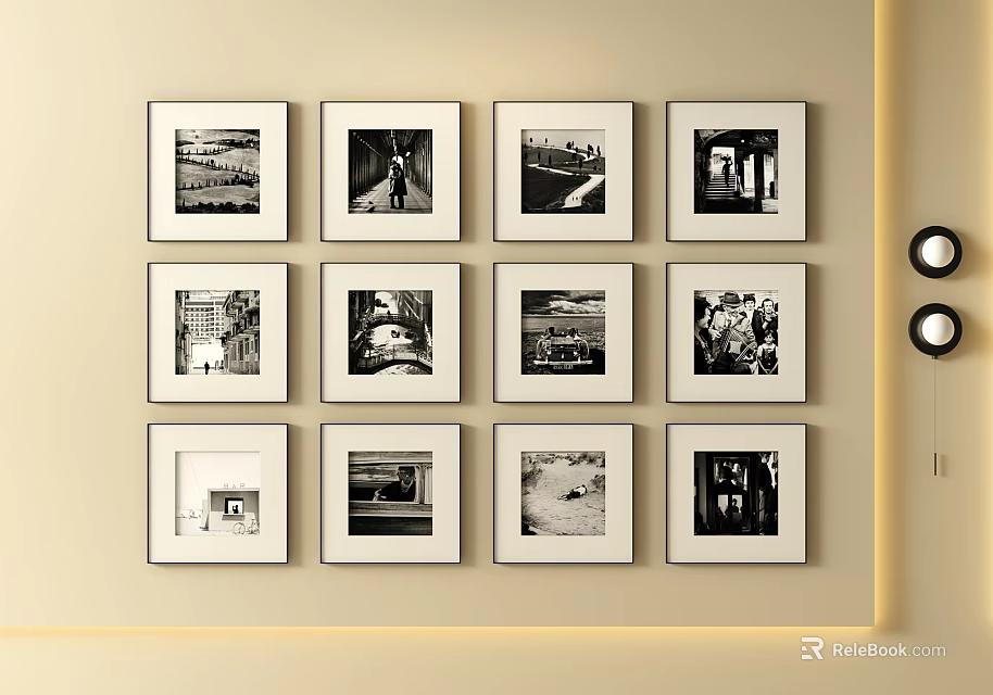 Black and White Framed Photo Wall with Multiple Artworks on Beige Interior Wall 3d model 