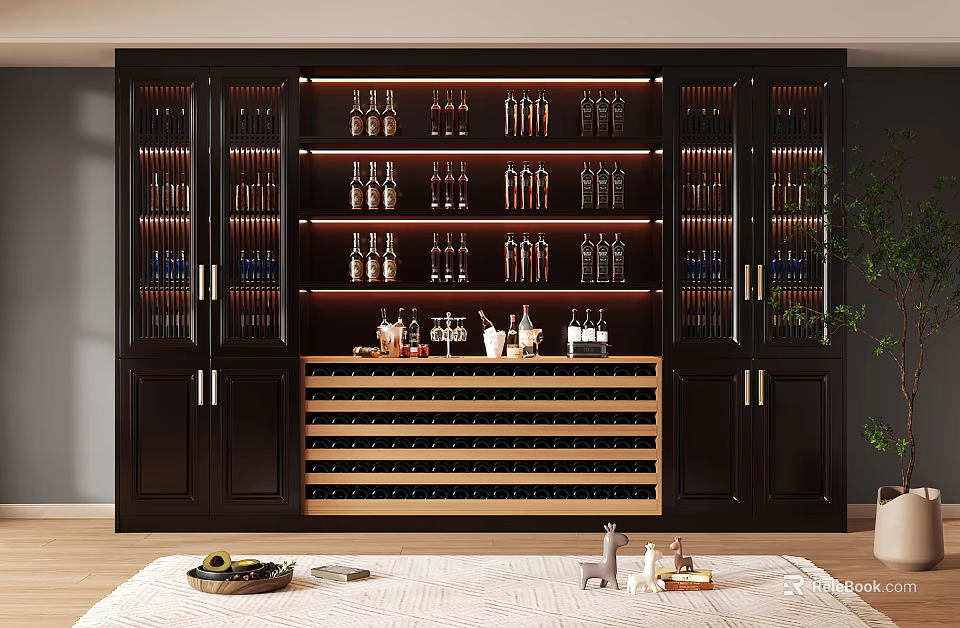 Modern Dark Wood Wine Cabinet With Glass Doors LED Lighting And Wooden Wine Rack 3d model 