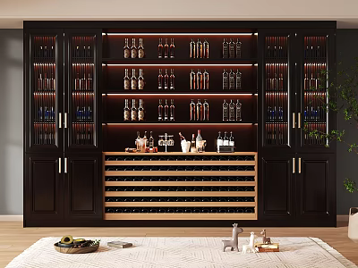 Modern Dark Wood Wine Cabinet With Glass Doors LED Lighting And Wooden Wine Rack 3d model