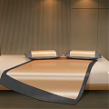 Modern Comfortable Bedroom With Golden Mat Wooden Headboard LED Strip And Gray Curtains