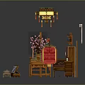 Chinese Classical Wooden Furniture And Decorative Crafts With Lanterns Tables Cabinets And Potted Plants
