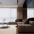 Modern Living And Dining Area With Gray Sofa Black Coffee Table Wooden Floor Hanging Lights