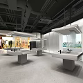 Modern Exhibition Space Interior With Geometric Display Stands Wooden Wall Panels And Industrial Ceiling