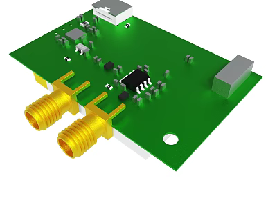 Green Circuit Board With Integrated Chip Electronic Components And Yellow Connectors 3d model