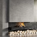 Modern Marble Fireplace Interior Design With Burning Fire And Stacked Firewood
