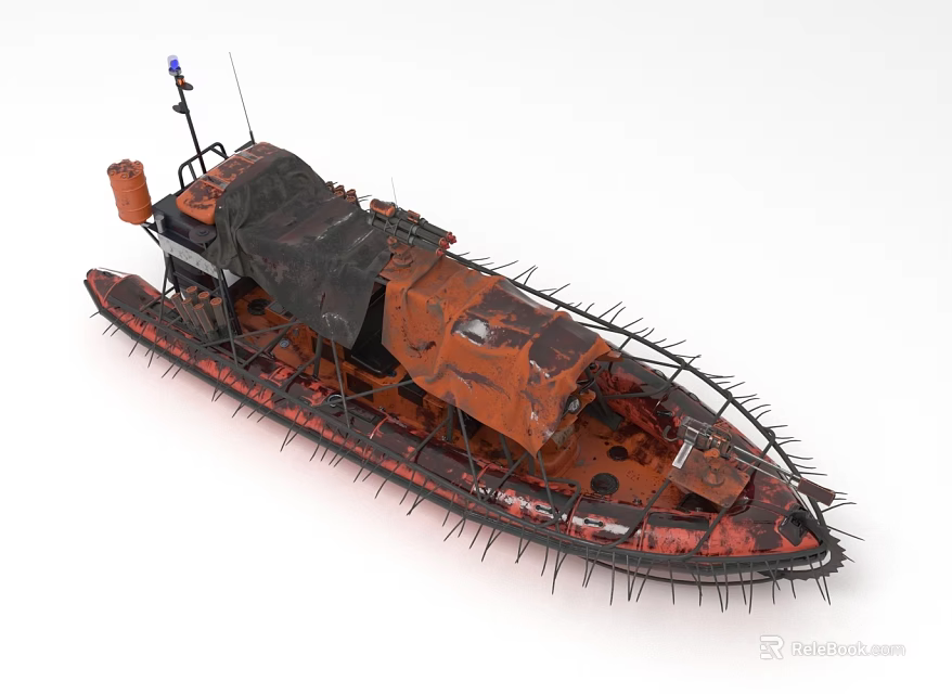 Abandoned Rusty Boat With Orange Hull Black Covering Spikes Along Edges And Antenna On Top 3d model 