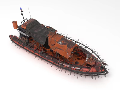 Abandoned Rusty Boat With Orange Hull Black Covering Spikes Along Edges And Antenna On Top 3d model