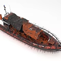 Abandoned Rusty Boat With Orange Hull Black Covering Spikes Along Edges And Antenna On Top